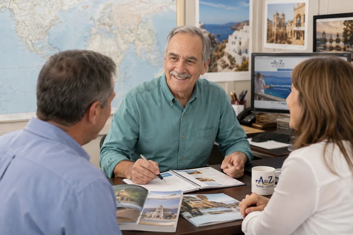 Jim Roszak of A to Z Travel Center smiling while reviewing travel plans with a couple in his office, illustrating personalized service that handles the details so clients can enjoy the journey