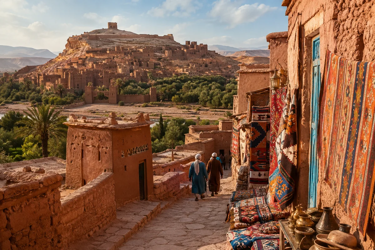 Travelers exploring a historic Moroccan kasbah and cultural region during an international journey