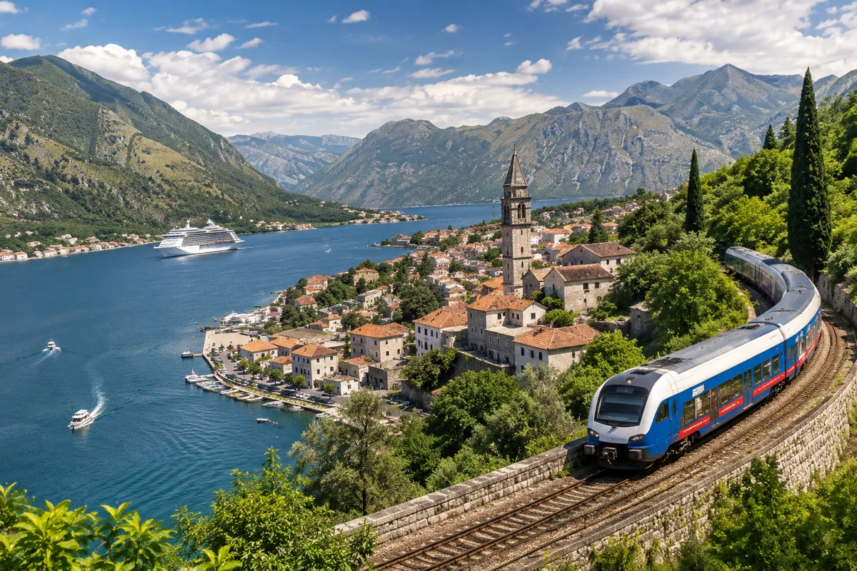 Scenic passenger train traveling along a coastal route during a multi-region international journey