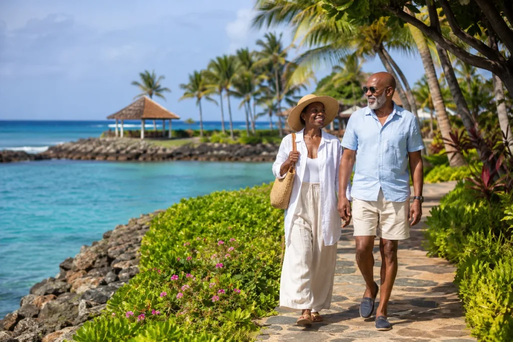 Mature couple walking hand-in-hand along a tropical resort path beside turquoise water and palm trees, enjoying a relaxed island getaway as part of an international journey
